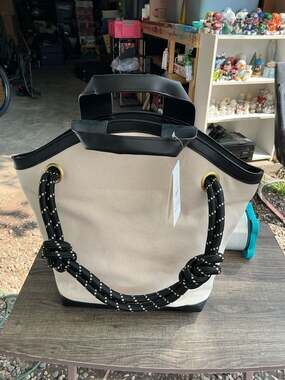 Free Assembly Canvas and Faux Leather Rope Handle Tote Bag